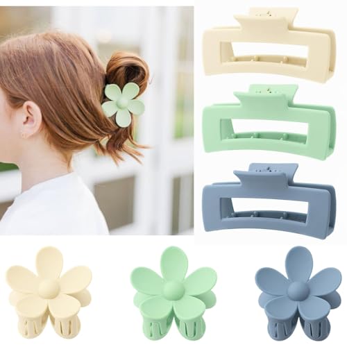Large Claw Hair Clips for Thick Hair - Non-Slip Square & Flower Styles, Matte Green & Blue (6 Pack)