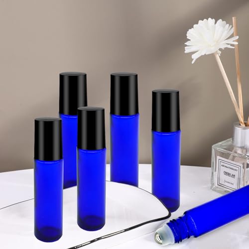 25 Pcs Blue Essential Oil Roller Bottles 10ml Glass with Funnels