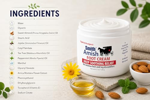 Smith Amish Foot Cream - Deep Moisturizing Relief for Tired Feet & Legs, 4.5 oz with Tea Tree & Peppermint