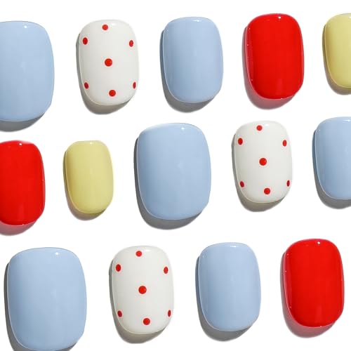 Short Squoval Press-On Nails Set - Blue Polka Dot #177 M