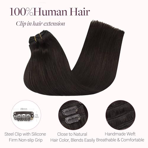 GOO GOO Clip in Hair Extensions Real Human Hair, Remy Human Hair Extensions Clip ins for Women, Natural Human Hair, 18inch 120g 7Pcs, 2 Dark Brown