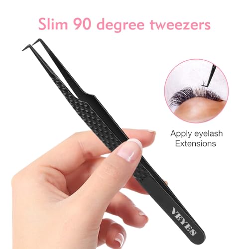 VEYES INC Lash Tweezers for Eyelash Extensions,Fiber Tip Tweezers for Individual Classic and Volume Lash,Stainless Steel Lash Tweezers-Slim 90 Degree
