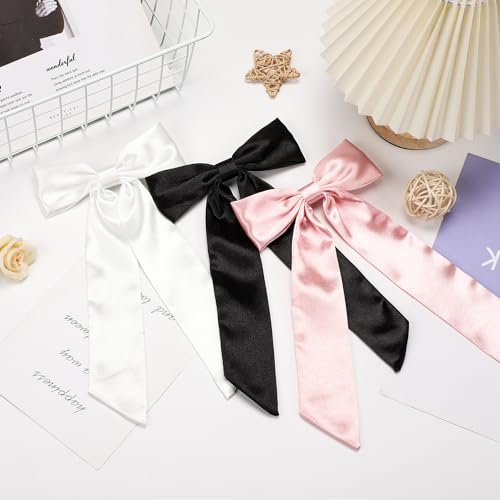 WantGor Pink Satin Long Tail Bow Hair Clips - Elegant Hair Ribbon for Women
