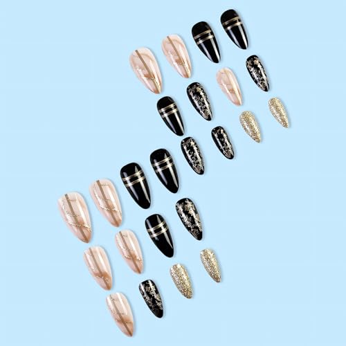 Medium Almond Press On Nails with Gold Foil - 24Pcs