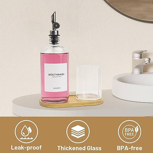 Ezebesta 480ml Glass Mouthwash Dispenser with Bamboo Tray and Cup Holder