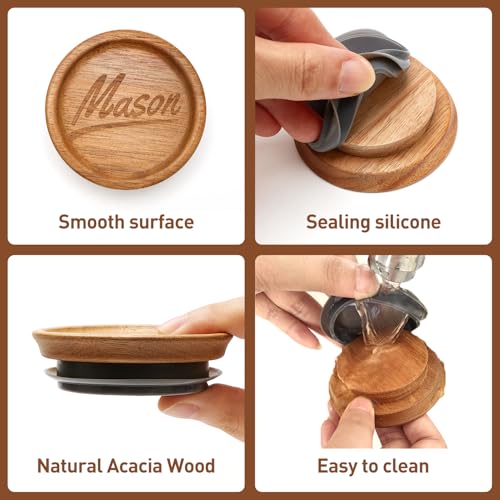 4 Pack Wide Mouth Mason Jar Lids - Acacia Wood with Silicone Seal