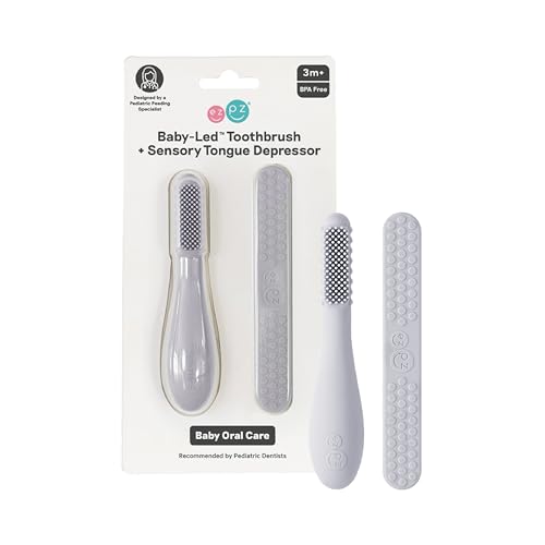 ezpz Baby-Led Toothbrush & Tongue Depressor Set - Pewter - Pediatric Oral Care
