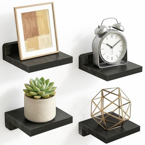 Fixwal Set of 4 Small Black Floating Shelves - 5 Inch Wood Wall Decor