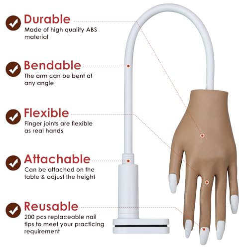 BORNBYME Adjustable Nail Practice Hand with 200 Nail Tips for Training