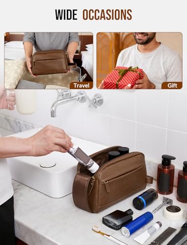 Celvetch Brown PU Leather Toiletry Bag for Men Medium Travel Organizer