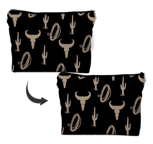 Cow Print Linen Makeup Bag - 10-Inch Travel Toiletry Pouch for Women
