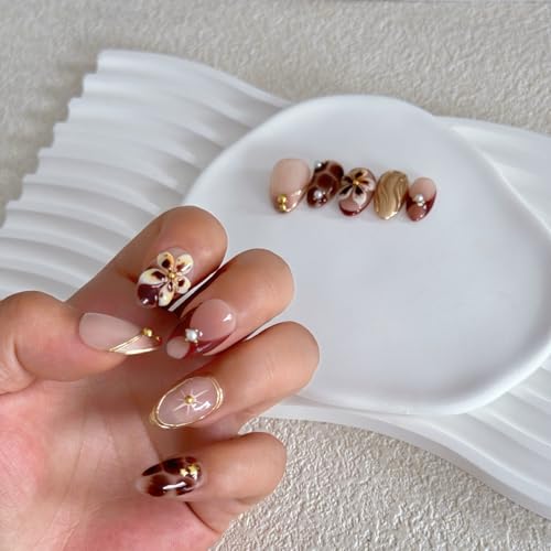 Medium Almond Brown Acrylic Press On Nails with 3D Flowers - Reusable Kit