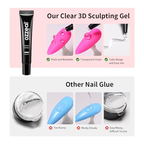 Ozzeal 3D Gel Nail Art Kit, Clear Sculpting & Rhinestone Glue, UV/LED Safe