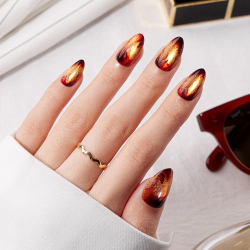 VSALON Press on Nails Short Almond - A2 Warm Fireplace, Golden Cat Eye Flame Design, 32 PCS