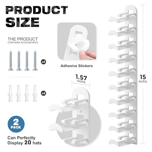 Hat Organizer Wall Hooks - 2 Pack for Up to 20 Hats