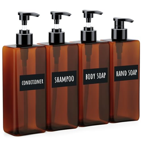 Segbeauty Dark Amber 4-Pack Shampoo & Conditioner Bottles - 16.9oz Refillable Dispensers with Labels