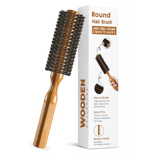 RUBAB MEN Round Hair Brush with Natural Bristle & Wooden Handle
