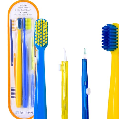 LA MIERE 2pcs Orthodontic Toothbrush Set with V & U-Shaped Soft Bristles - Telescopic Interdental Brush Included