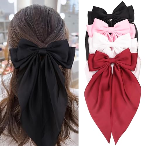 MRJ 4 Pcs Satin Hair Bows - Large Hair Clips for Women & Girls