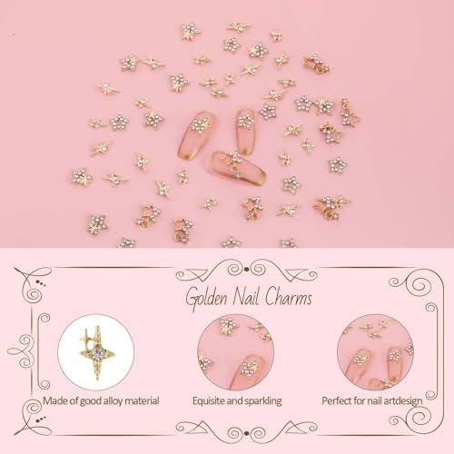 Abeillo Gold Star 3D Nail Charms Set for Acrylic Nails, Rhinestones & Bling