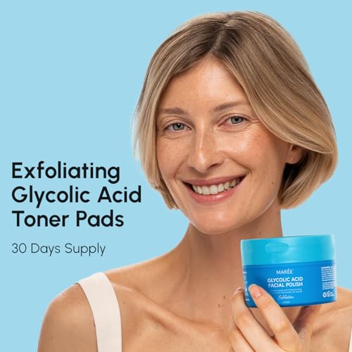 MAREE Glycolic Acid Pads - Toner Pads for Face Cleansing - Exfoliating Pad with Tea Tree Oil, Salicylic Acid & Vitamins E, B3, B5 - Facial Polishes & Peels, Skin Pore Resurfacing & Radiance - 50 Count