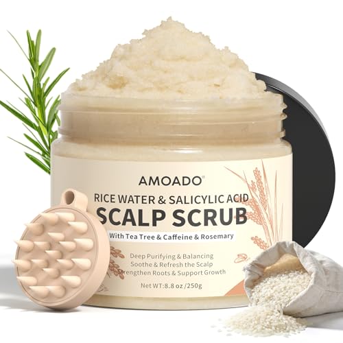 AMOADO Rice Water Scalp Scrub with Salicylic Acid(BHA), Tea Tree & Rosemary ? Gentle Exfoliating Scalp Scrub Shampoo for Dandruff, Removes Buildup, Controls Oil & Refreshes the Scalp, 8.8 oz
