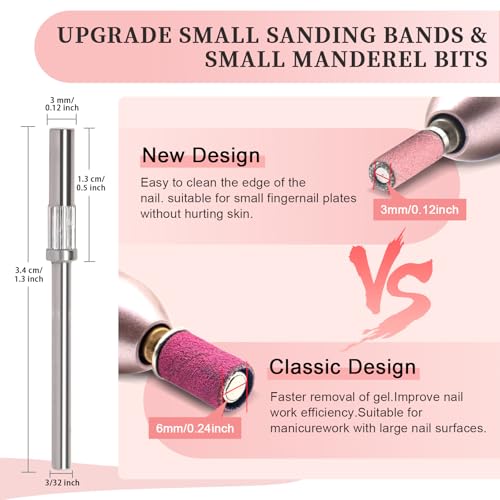 Pink 240 Grit Nail Sanding Bands Set for Drill Bits - 100PCS + 2 Mini 3mm Mandrels