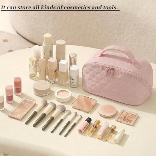 Pink Large Capacity Makeup Bag - Machine Washable Quilted Organizer