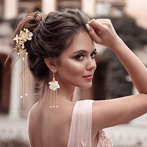 HINZIC 5Pcs Flower Tassel Hair Pins Set with Rhinestone Pearls & Earrings for Women & Girls