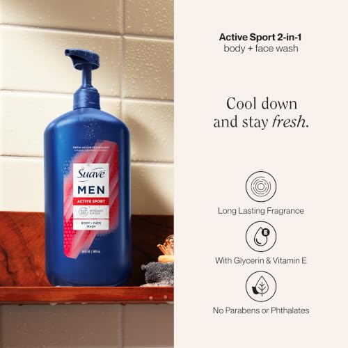 Suave Men Active Sport 2-in-1 Body and Face Wash, 18 oz (Pack of 6)