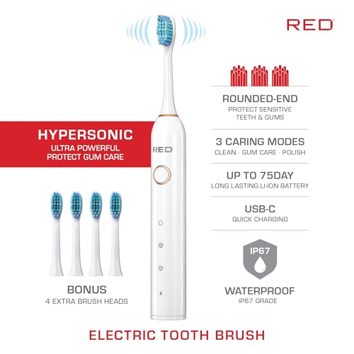 Red by Kiss Hypersonic Electric Toothbrush - 4 Cleaning Modes, 75-Day Battery, USB-C Charging