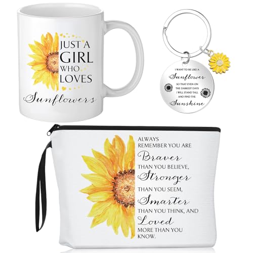 Sunflower Gift Set: Canvas Cosmetic Bag, Ceramic Coffee Mug & Keychain