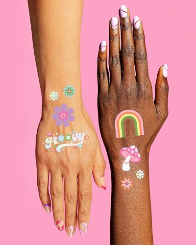 Groovy Rainbow Temporary Tattoos - 52 Styles for Retro Party & Birthday Decor