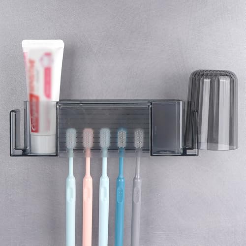 Wall Mounted Toothbrush Holder with Cover - Self Adhesive Organizer