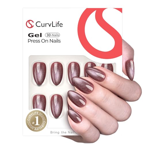 CurvLife Press On Nails - 32PCS Pink Purple Cat Eye Soft Gel
