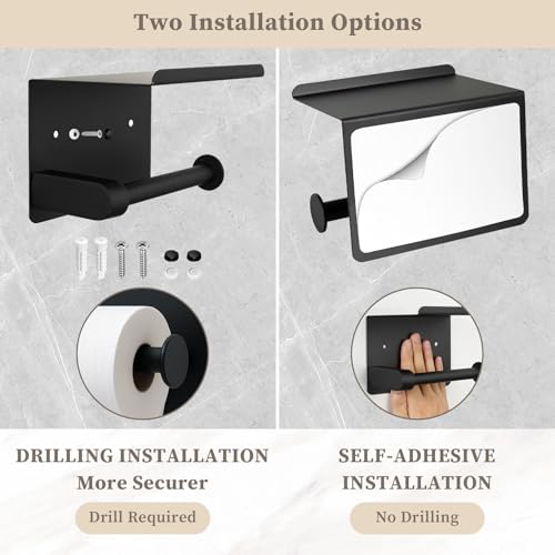 Black Rustproof Toilet Paper Holder with Shelf - Wall Mount & Adhesive