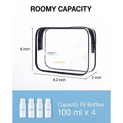 BAGSMART Clear Toiletry Bag, 2 Pack TSA Approved Travel Toiletry Bag Carry on Travel Accessories Bag Airport Airline Quart Size Bags Water Repellent Makeup Cosmetic Bag for Women (Black-2pcs)