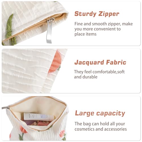 AF Tulip White Makeup Bag for Women Small Floral Cosmetic Pouch Travel Organizer