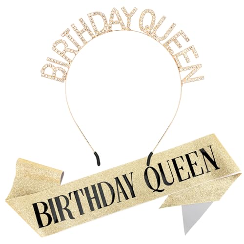 Jukeios Gold Birthday Sash and Tiara Set for Women, Queen Crown & Headband
