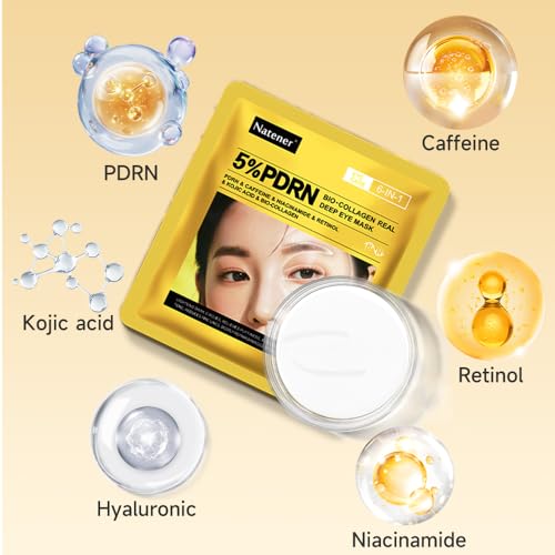 PDRN Under Eye Patches - 4 Pairs, 6-in-1 Korean Eye Mask with Caffeine, Kojic Acid & Retinol