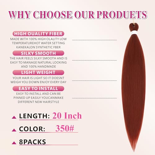 Abrastin Pre-Stretched Braiding Hair 20 Inch Ginger 350# Yaki Synthetic 8 Pack