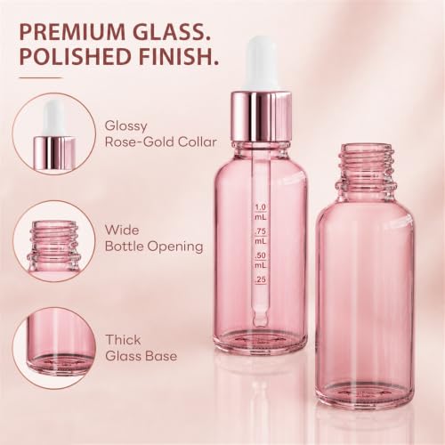 PrettyCare 4 Pack 1oz Rose Glass Dropper Bottles for Essential Oils - Leakproof Tincture & Beauty Bottles with Labels & Funnels