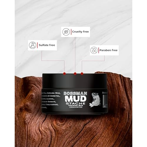 Bossman MUDstache Unscented Mustache Wax for Men (1 oz) ? Strong 24-Hour Hold, Non-Tacky & Easy to Apply for Taming & Styling