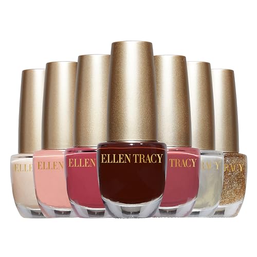 ELLEN TRACY 7-Color Nail Polish Set - Mini 0.24 Fl Oz Glitter & Glossy Shades, Gold Leopard Pattern