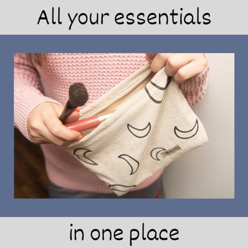 Beige Corduroy Moon Makeup Bag - Cute Boho Pouch for Teens