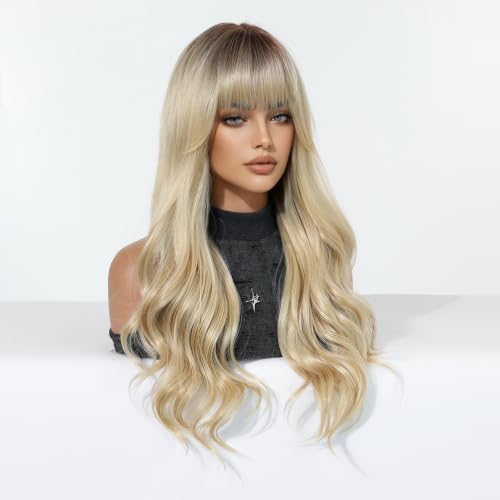 Osicapea Ombre Blonde Wigs with Bangs - 22 Inch Curly Heat-Resistant Synthetic Hair for Women, Cosplay & Daily Wear