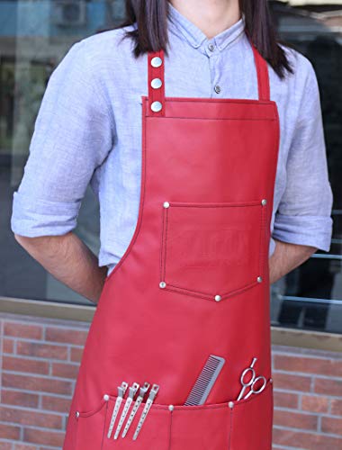 Facón Professional Leather Barber Apron with 6 Pockets - Red, 28" x 24"