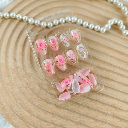 24Pcs Pink Almond Press On Nails with 3D Flower Design