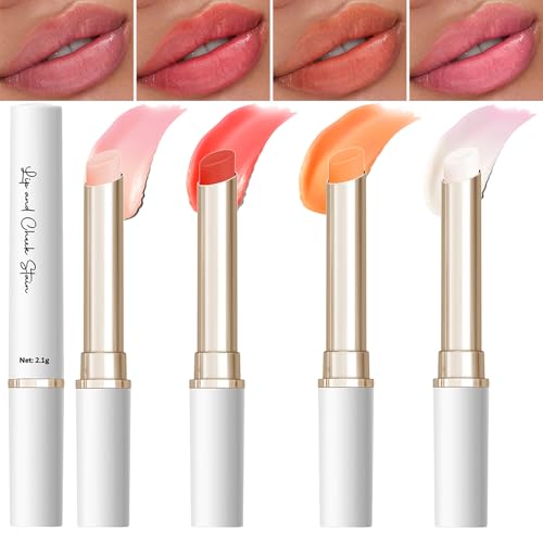 BERALLOYE 4pcs Water-Resistant Temperature Color Change Lip Balm Set in Pink, Red, Peach, White – Hydrating Long-Lasting Lip & Cheek Tint for Women