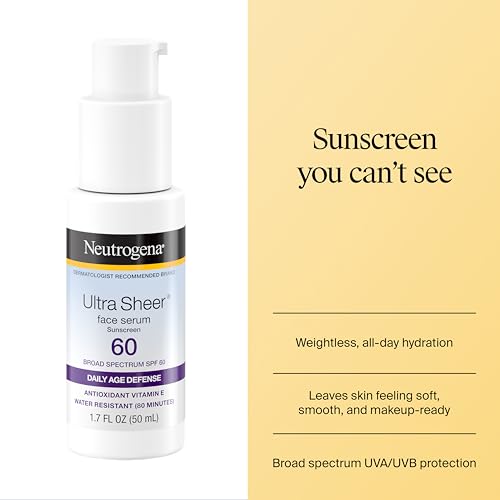Neutrogena, Ultra Sheer Face Sunscreen with Vitamin E and SPF 60, Sunscreen for Face with Broad Spectrum Uva/Uvb Protection, Fragrance-Free, Oxybenzone-Free, Water-Resistant (80 minutes), 50.3 mL